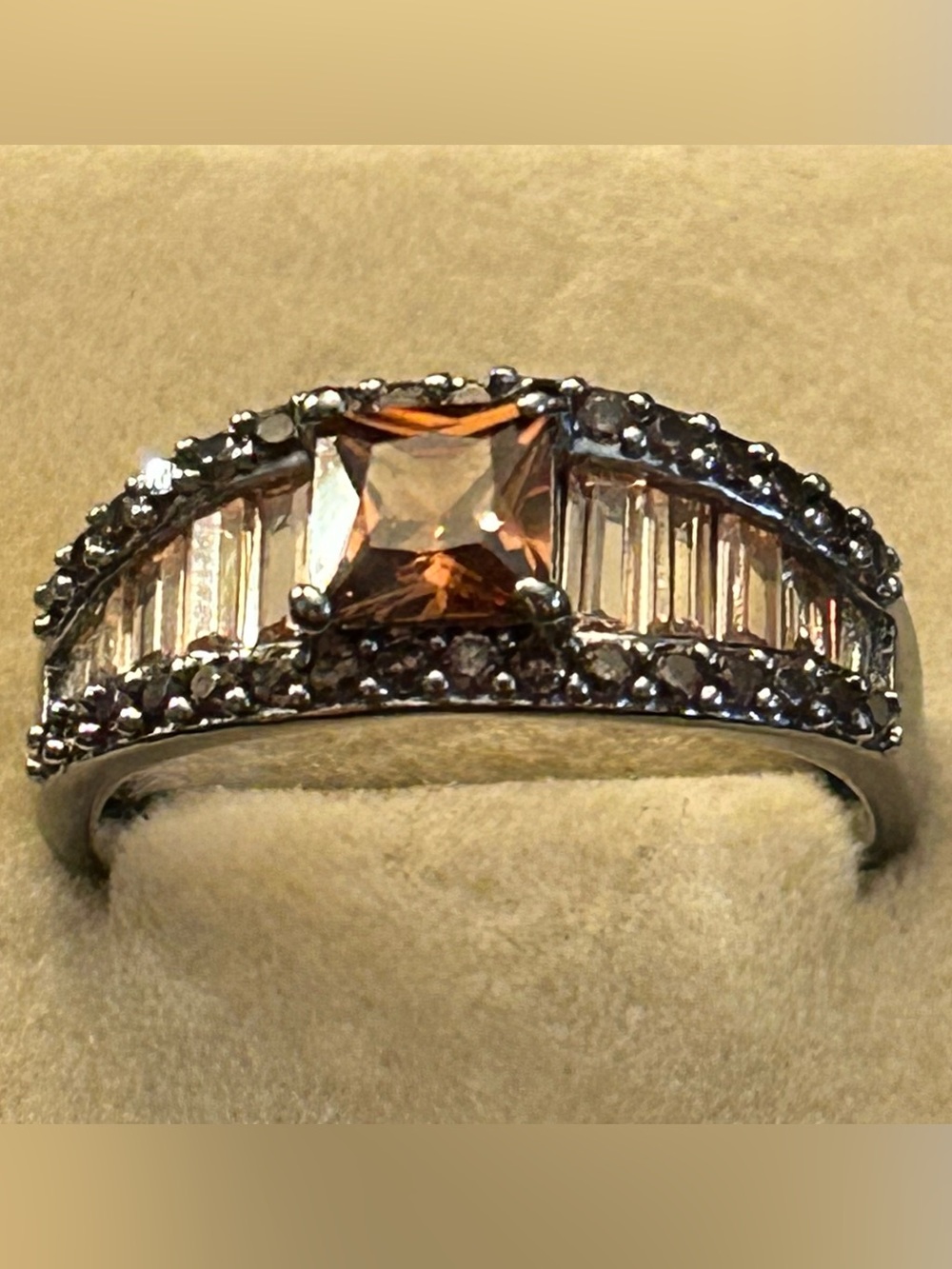 BP Nov Smokey Topaz Square Center Stone w/Baguette Accents Hematite over Silver
